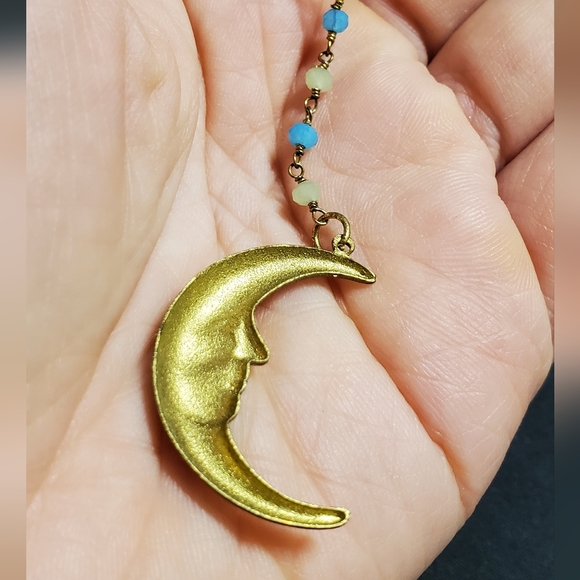 Crescent Moon Goldtone Beaded Paperclip Chain Necklace- One of a Kind - Picture 6 of 6